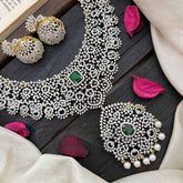 Vriksham Intricate Crystal With Centerpiece Pendant With AD Choker Neckpiece-Green-Pearl-G20203